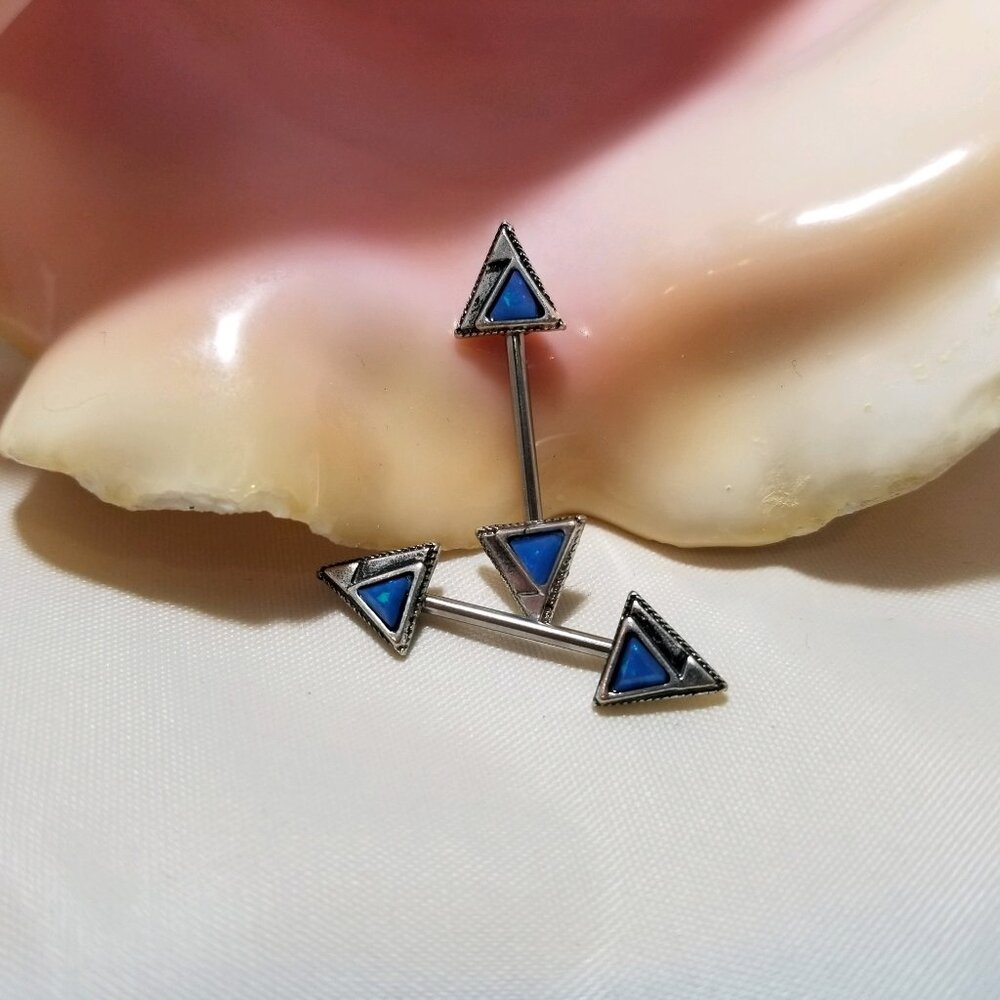 PAIR Aqua blue synthetic opal arrowhead nipple bars 14G NWT
